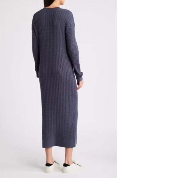 TREASURE & BOND Cable Stitch Long Sleeve Midi Sweater Dress In Navy Armada - Picture 2 of 11
